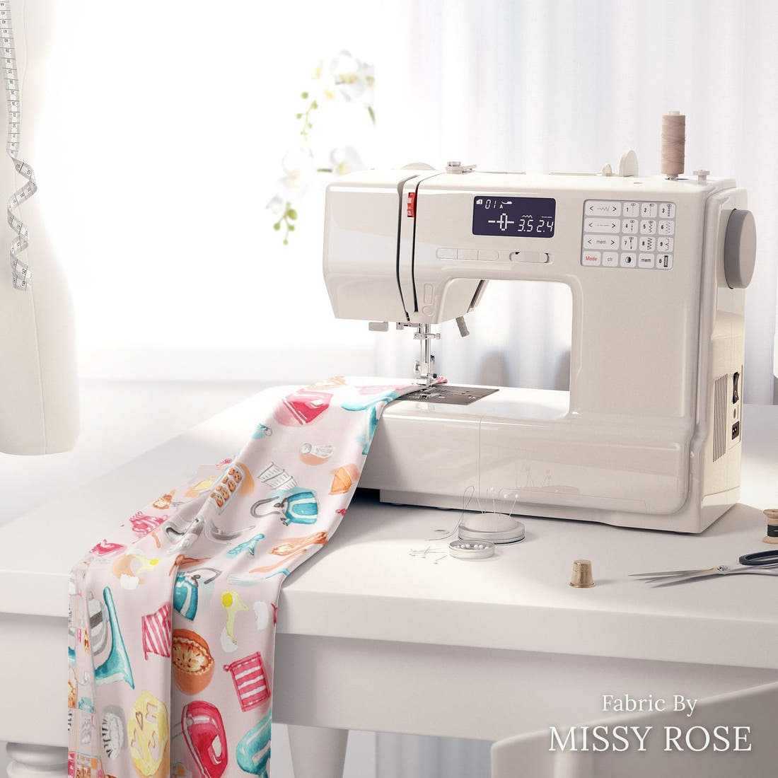 Design 22 Baking Fabric on a sewing machine – premium fabric for sewing projects | Fabric by Missy Rose