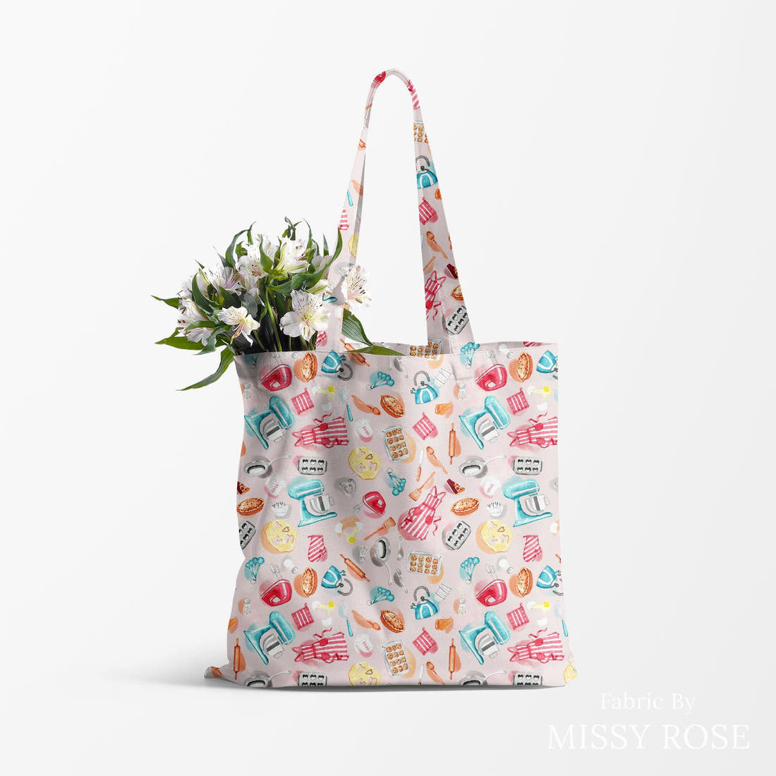 Design 22 Baking Fabric made up as a tote bag – see how the print looks made up | Fabric by Missy Rose