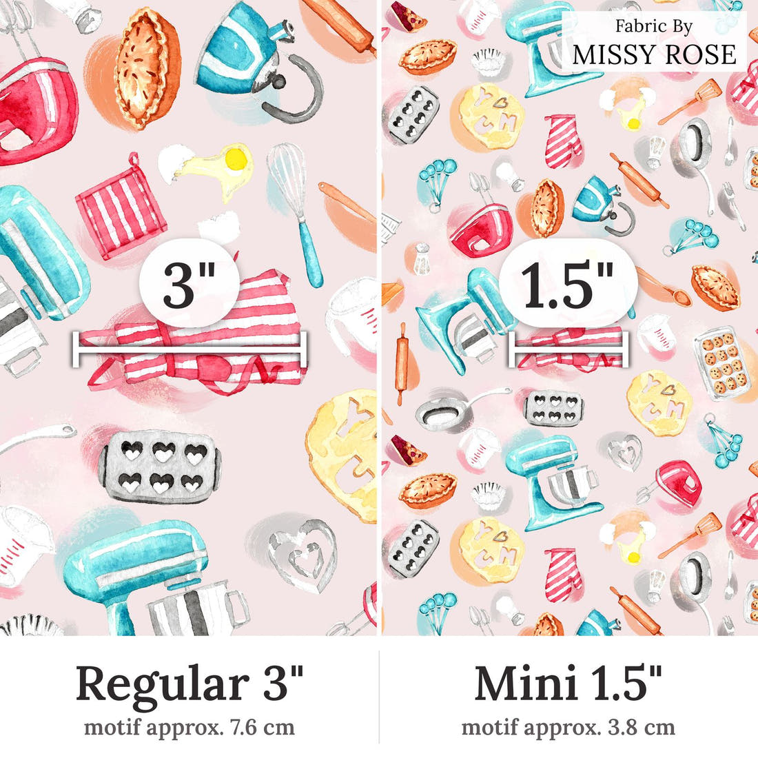 Design 22 Baking Fabric Regular 3 inch vs Mini 1.5 inch print scale side by side | Fabric by Missy Rose