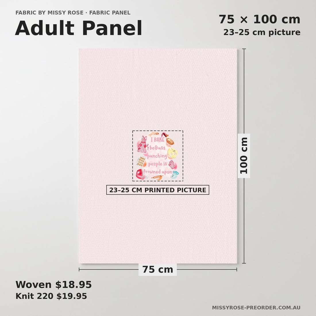 Design 22 Baking Panel adult panel sizing – 23–25 cm printed picture on 75 × 100 cm fabric | Fabric by Missy Rose