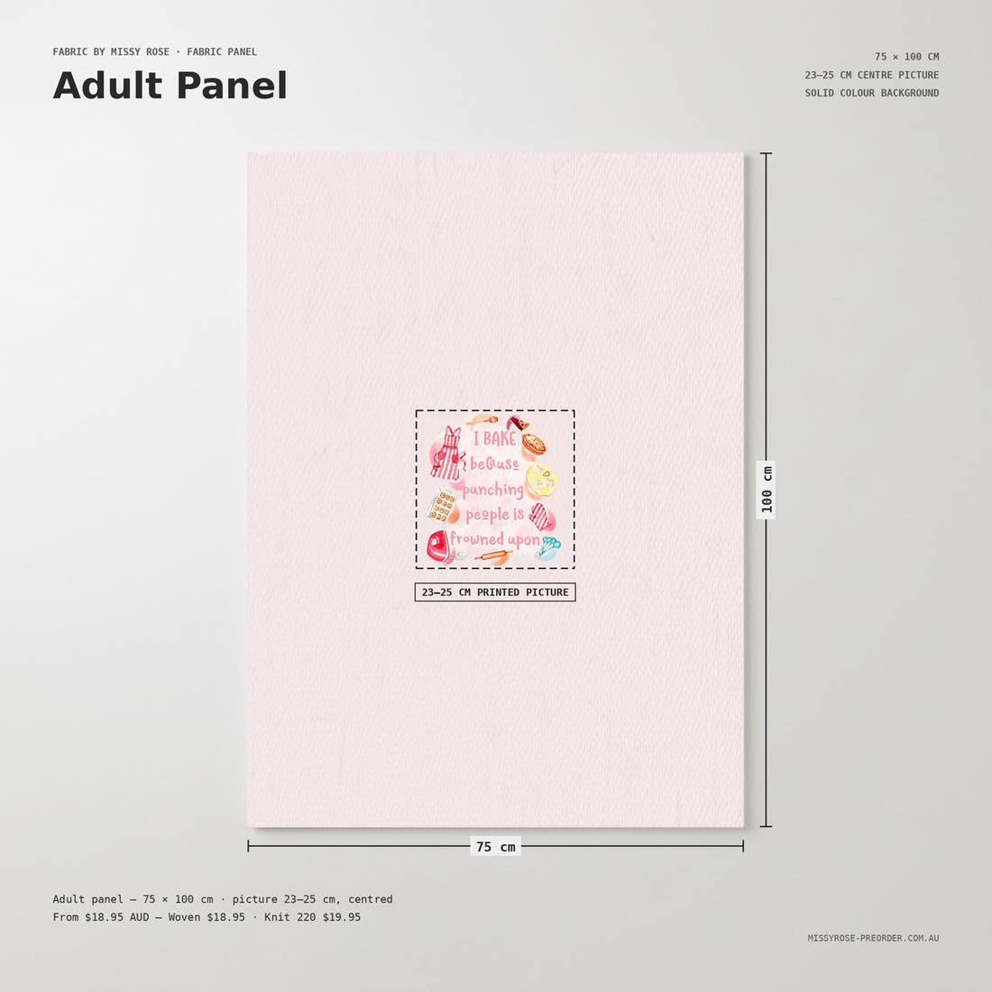 Design 22 Baking Panel adult panel sizing – 23–25 cm printed picture on a larger panel | Fabric by Missy Rose