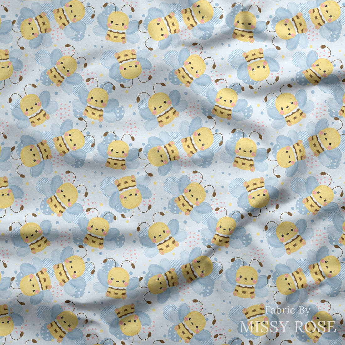 Design 220 Cute Bee Fabric draped fabric mockup – custom printed fabric by the metre | Fabric by Missy Rose