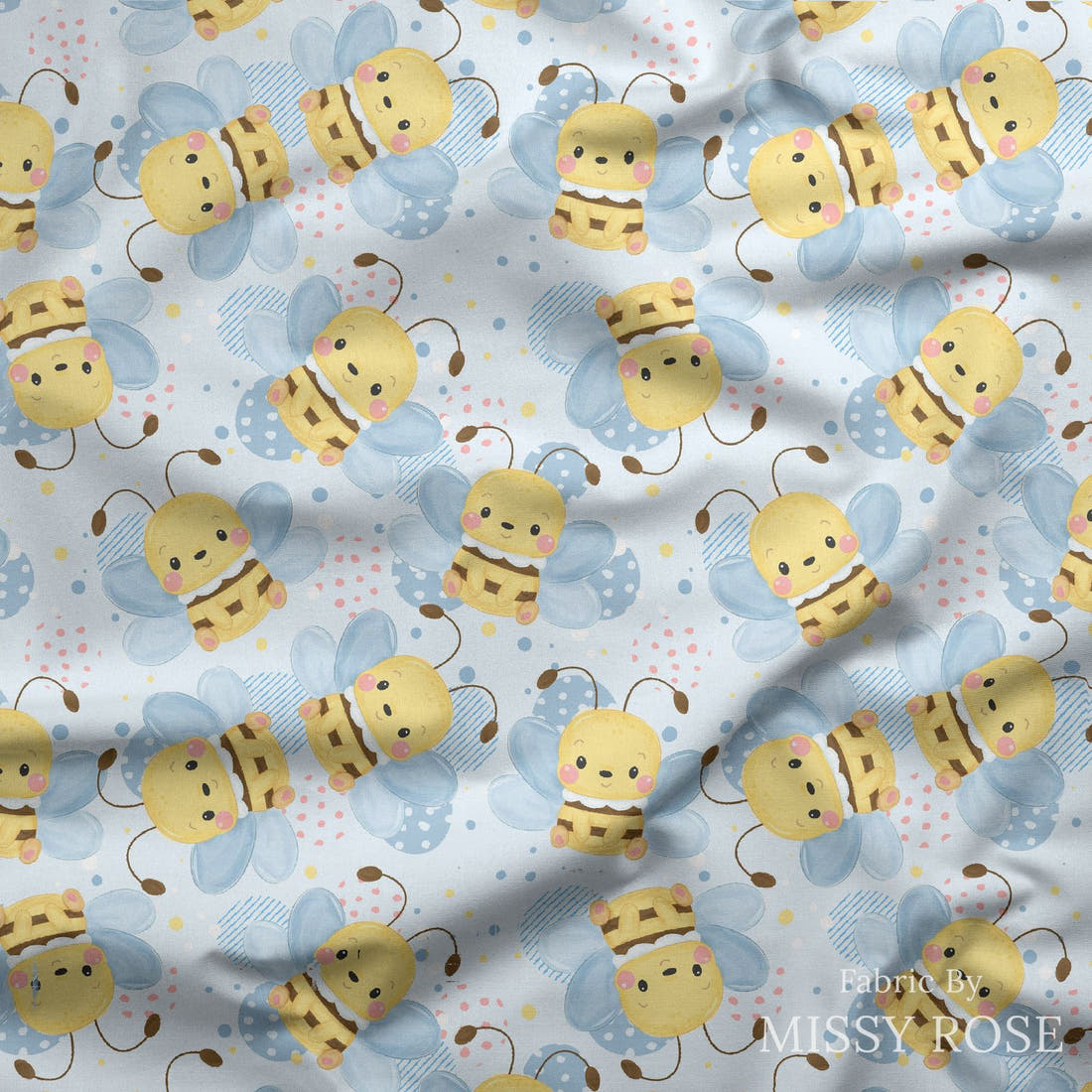 Design 220 Cute Bee Fabric draped fabric mockup – custom printed fabric by the metre | Fabric by Missy Rose
