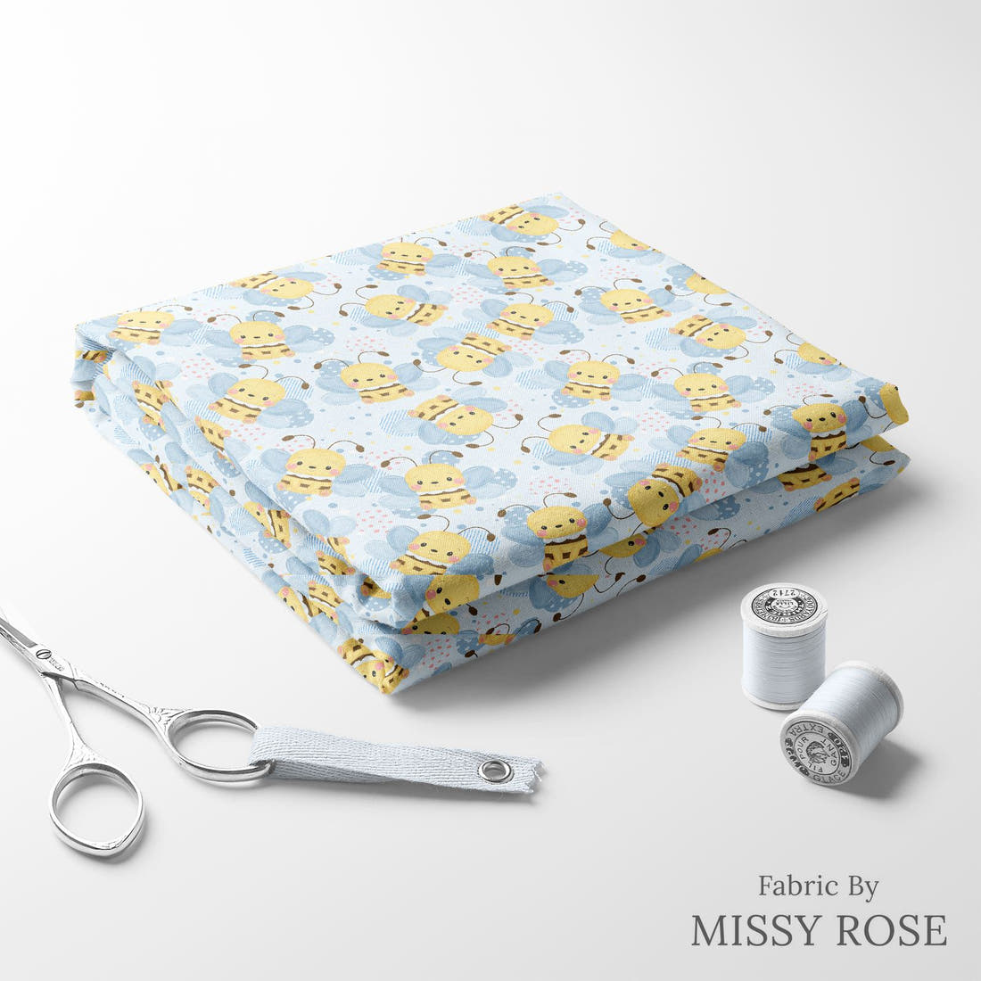 Design 220 Cute Bee Fabric folded fabric stack with matching thread – pre-order fabric Australia | Fabric by Missy Rose