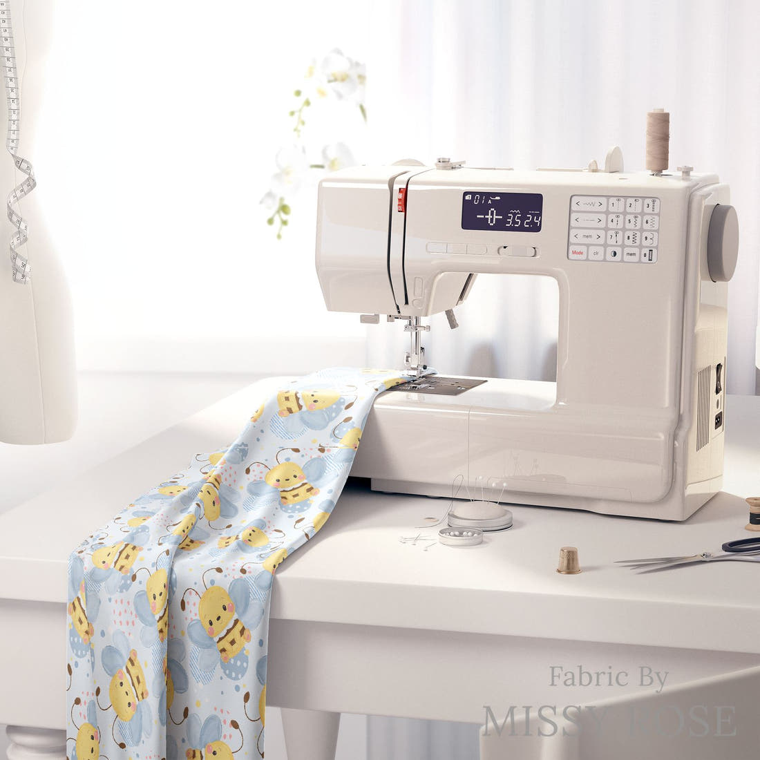 Design 220 Cute Bee Fabric on a sewing machine – premium fabric for sewing projects | Fabric by Missy Rose