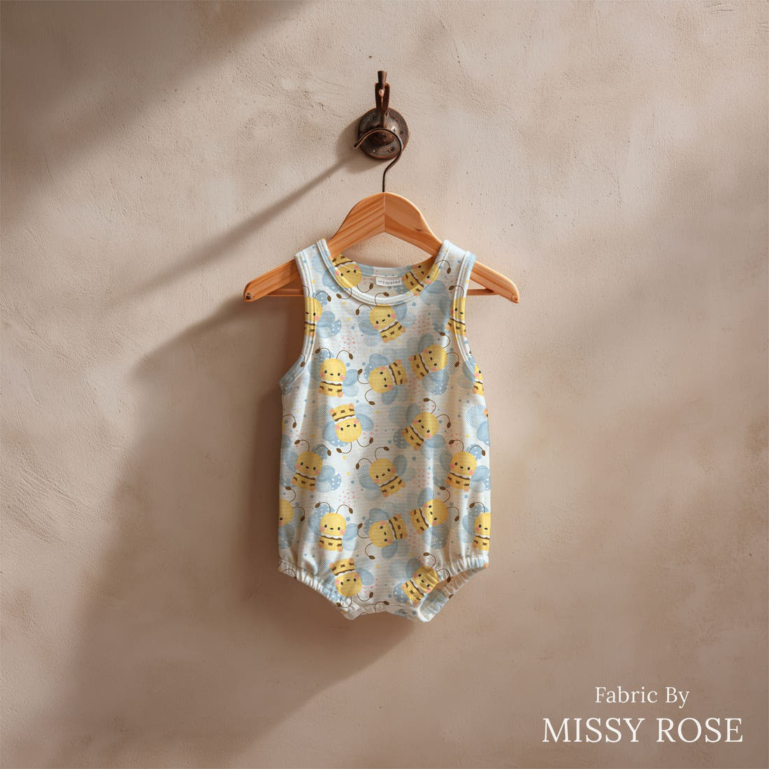 Design 220 Cute Bee Fabric sewn into a baby romper – see how the print looks made up | Fabric by Missy Rose