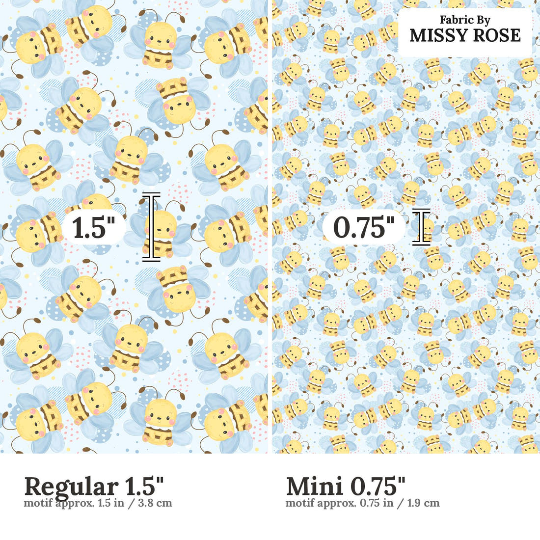 Design 220 Cute Bee Fabric size comparison - print scale | Fabric by Missy Rose