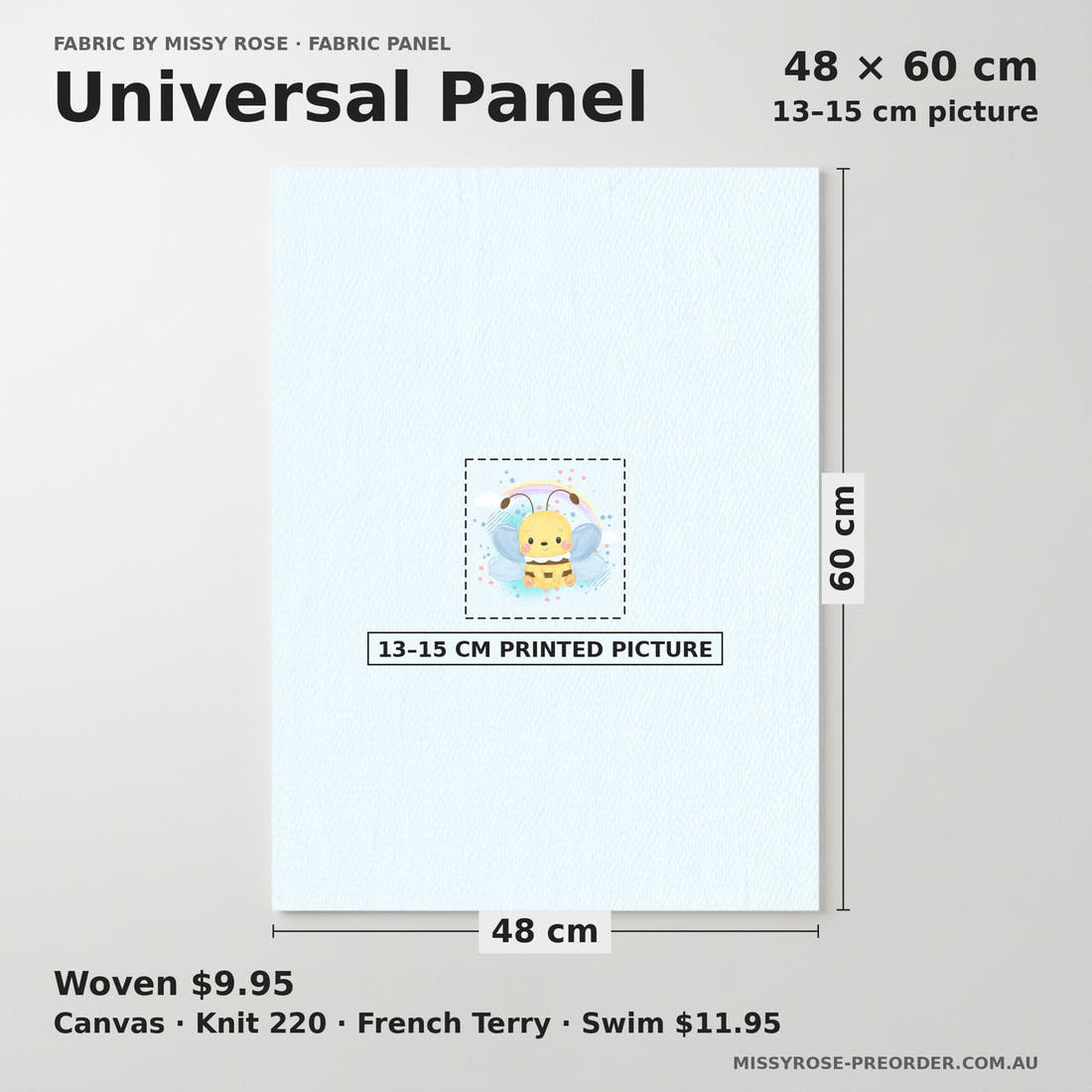 Design 220 Cute Bee Panel universal panel sizing – 13–15 cm printed picture on 48 × 60 cm fabric | Fabric by Missy Rose