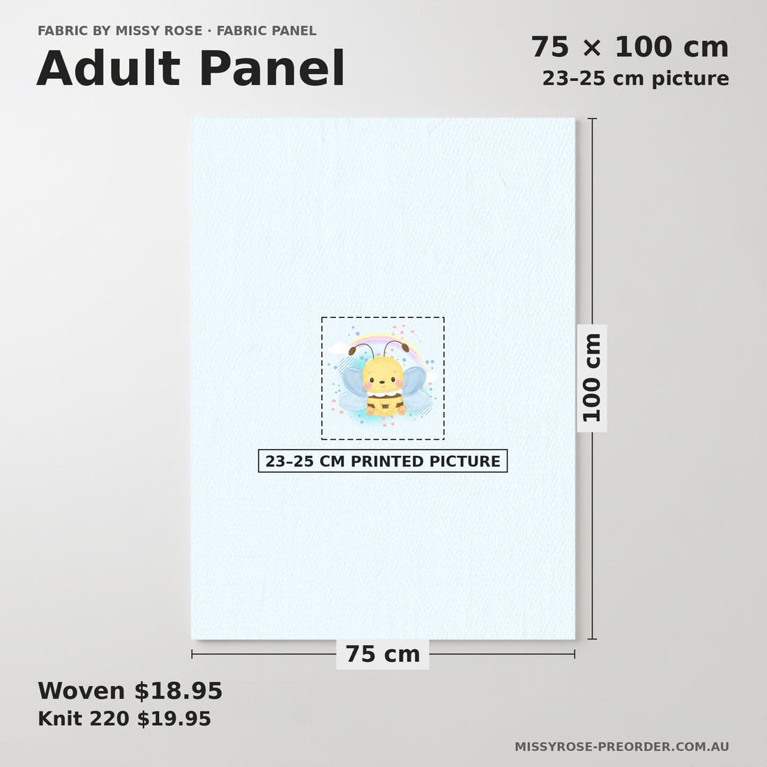 Design 220 Cute Bee Panel adult panel sizing – 23–25 cm printed picture on 75 × 100 cm fabric | Fabric by Missy Rose