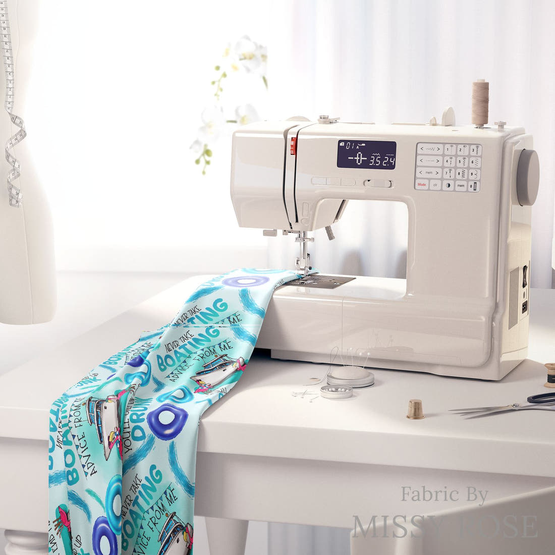 Design 221 Boating Fabric on a sewing machine – premium fabric for sewing projects | Fabric by Missy Rose