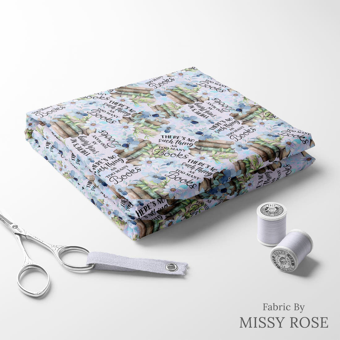 Design 222 Books Fabric folded fabric stack with matching thread – pre-order fabric Australia | Fabric by Missy Rose