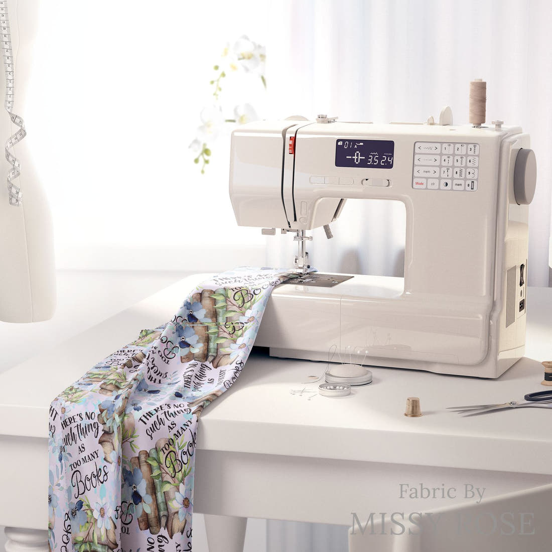 Design 222 Books Fabric on a sewing machine – premium fabric for sewing projects | Fabric by Missy Rose