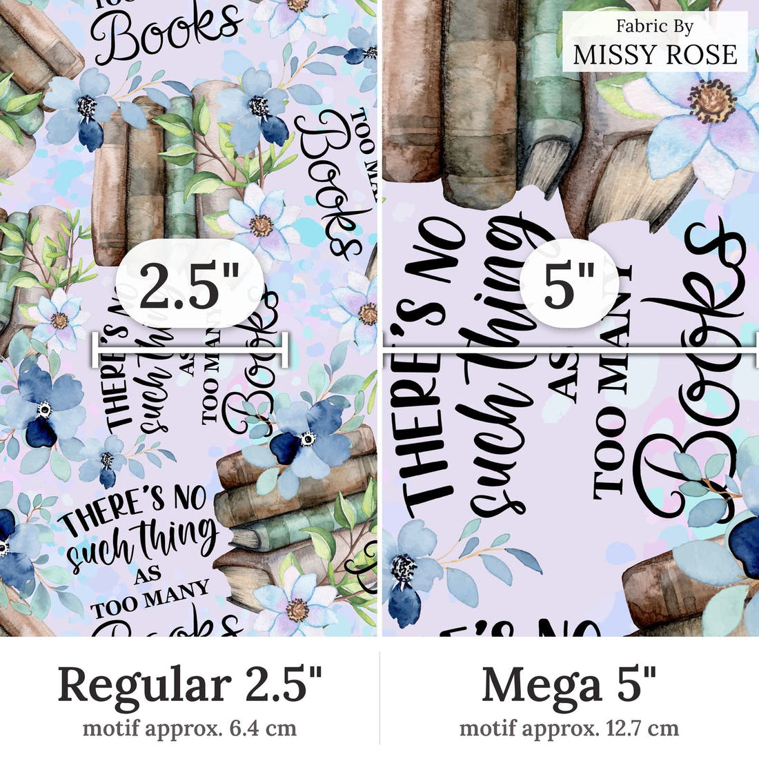 Design 222 Books Fabric Regular 2.5 inch vs Mega 5 inch print scale side by side | Fabric by Missy Rose