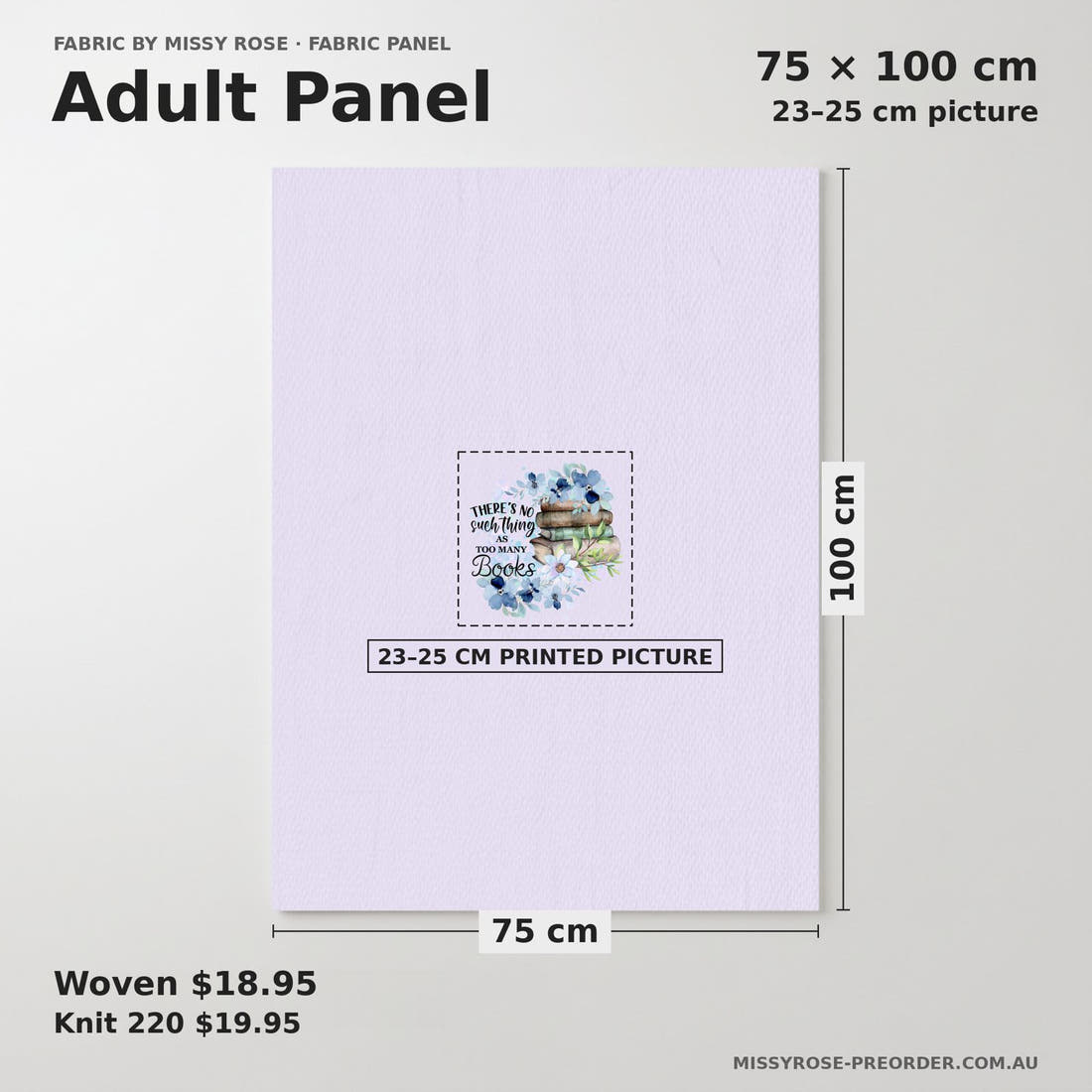 Design 222 Books Panel adult panel sizing – 23–25 cm printed picture on 75 × 100 cm fabric | Fabric by Missy Rose
