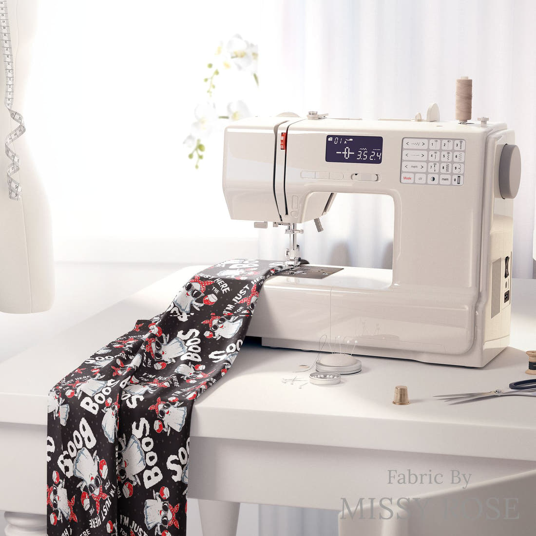 Design 223 Boos Fabric on a sewing machine – premium fabric for sewing projects | Fabric by Missy Rose