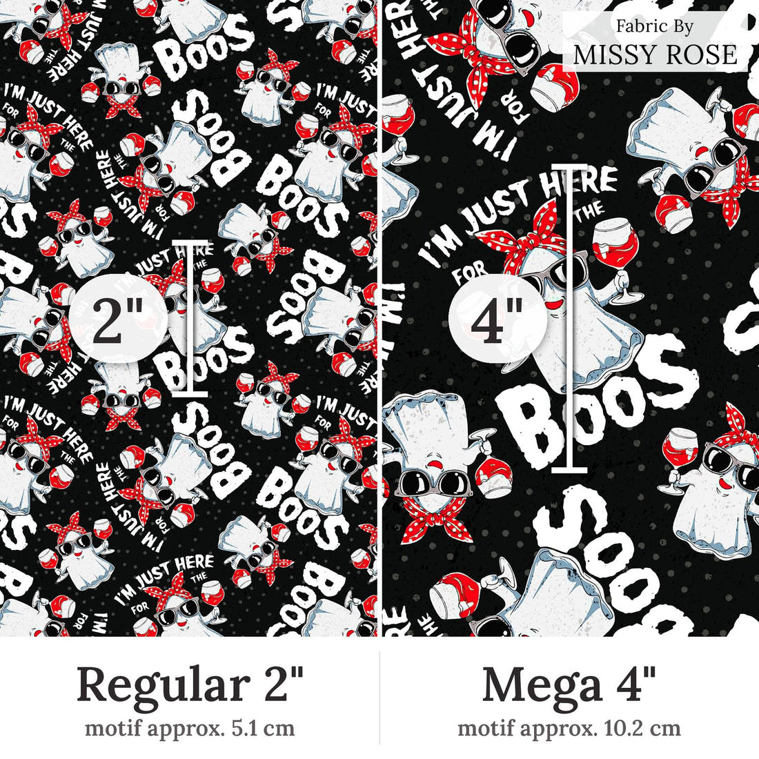 Design 223 Boos Fabric Regular 2 inch vs Mega 4 inch print scale side by side | Fabric by Missy Rose