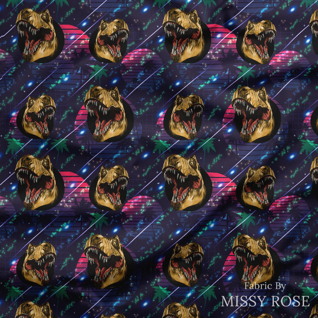 Design 224 Navy Dinosaur Fabric draped fabric mockup – custom printed fabric by the metre | Fabric by Missy Rose