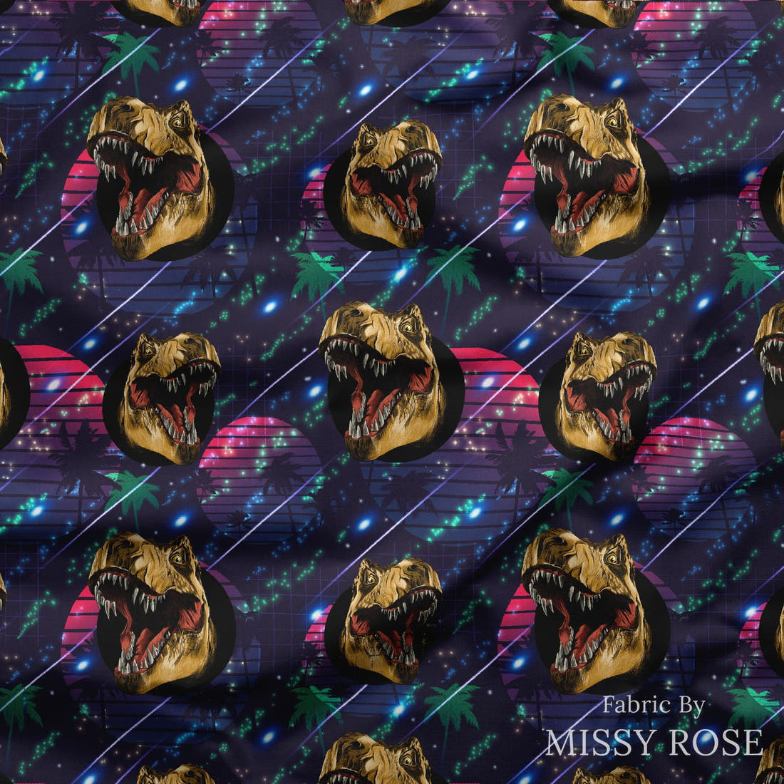 Design 224 Navy Dinosaur Fabric draped fabric mockup – custom printed fabric by the metre | Fabric by Missy Rose
