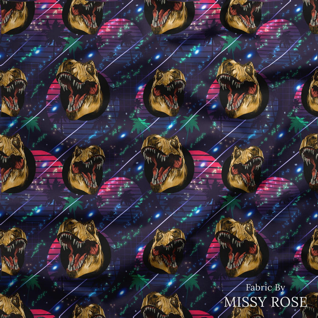 Design 224 Navy Dinosaur Fabric draped fabric mockup – custom printed fabric by the metre | Fabric by Missy Rose