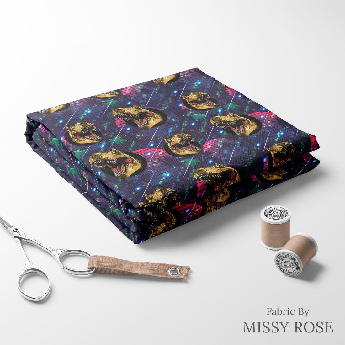 Design 224 Navy Dinosaur Fabric folded fabric stack with matching thread – pre-order fabric Australia | Fabric by Missy Rose