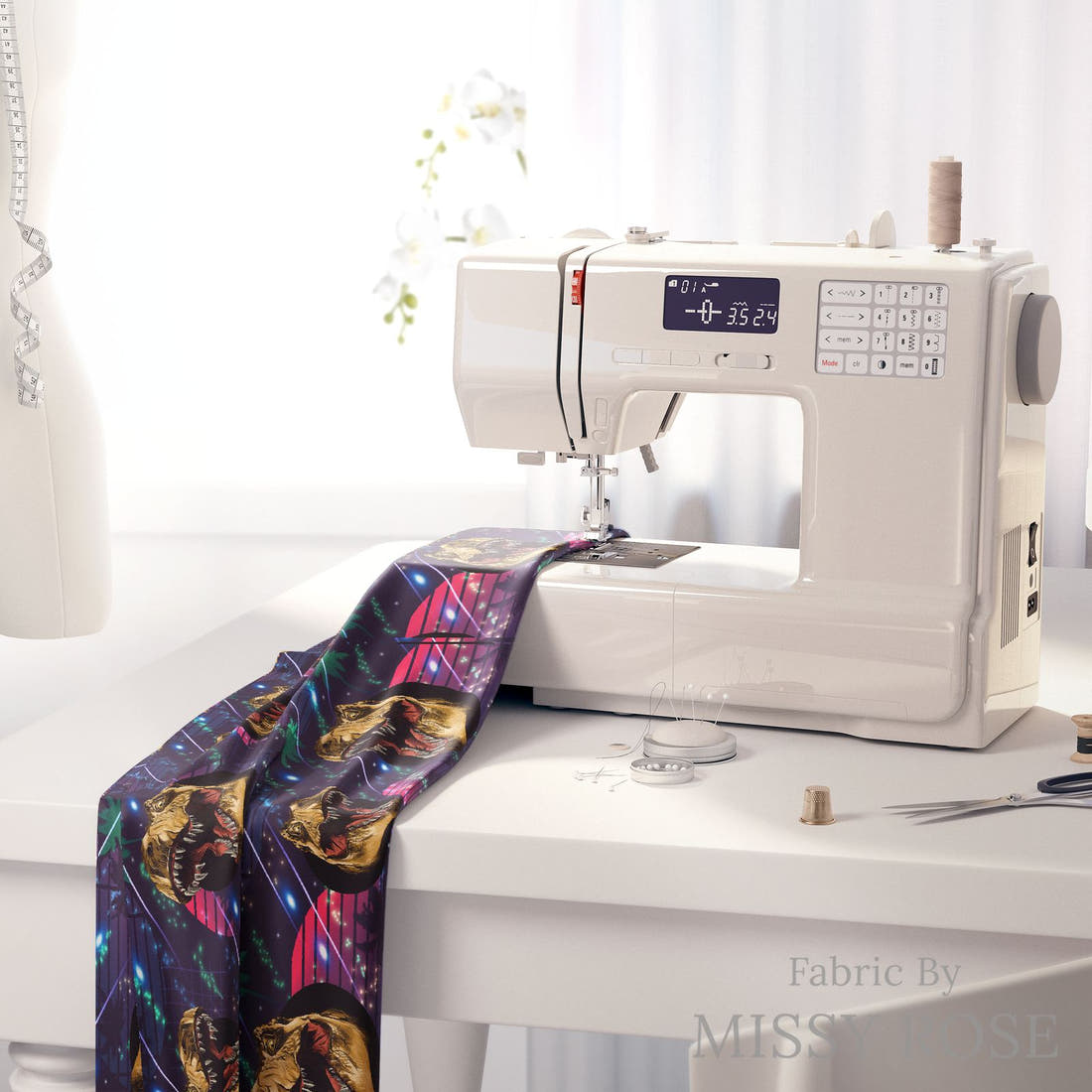 Design 224 Navy Dinosaur Fabric on a sewing machine – premium fabric for sewing projects | Fabric by Missy Rose