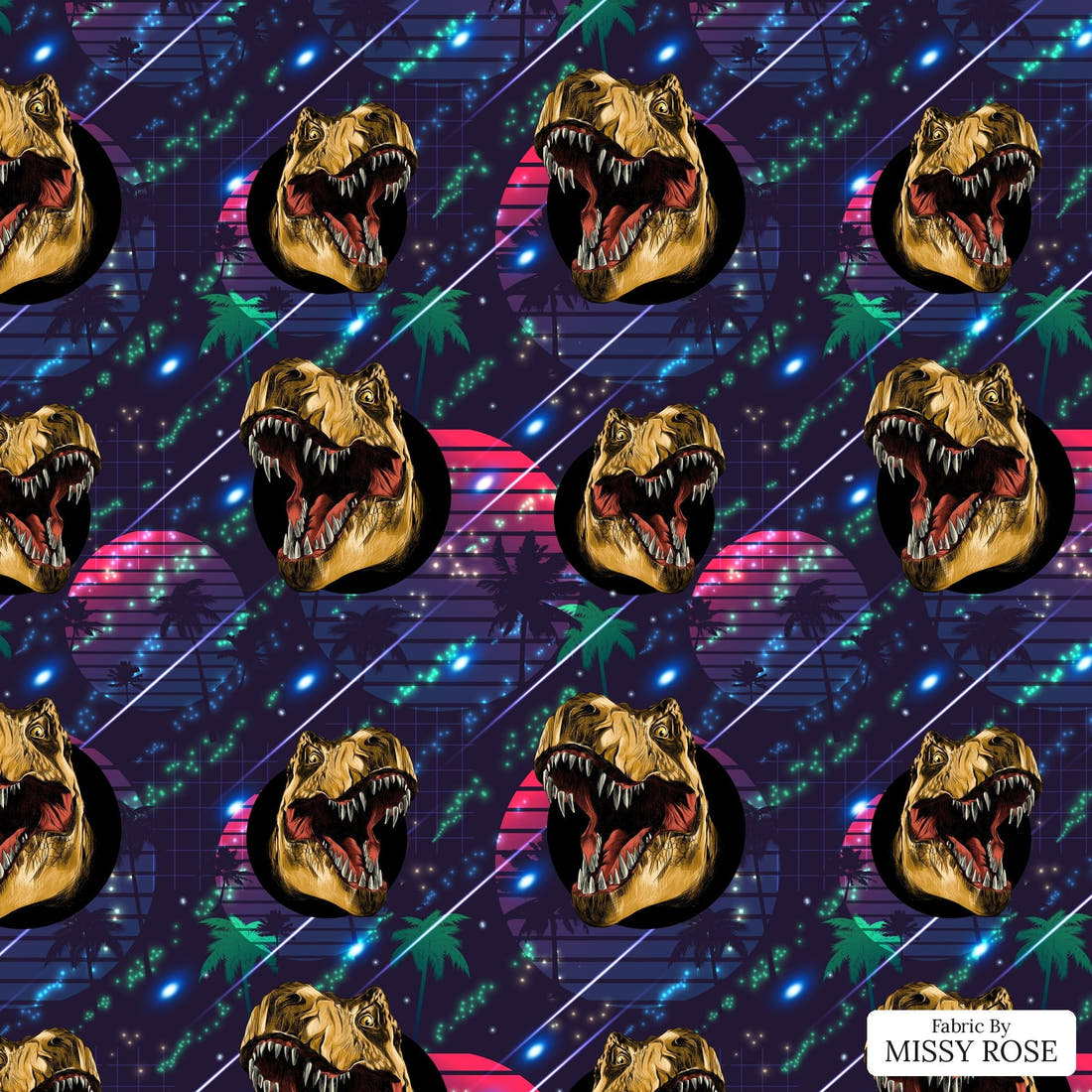 Design 224 Navy Dinosaur Fabric - flat view of the print, zoom in for detail | Fabric by Missy Rose