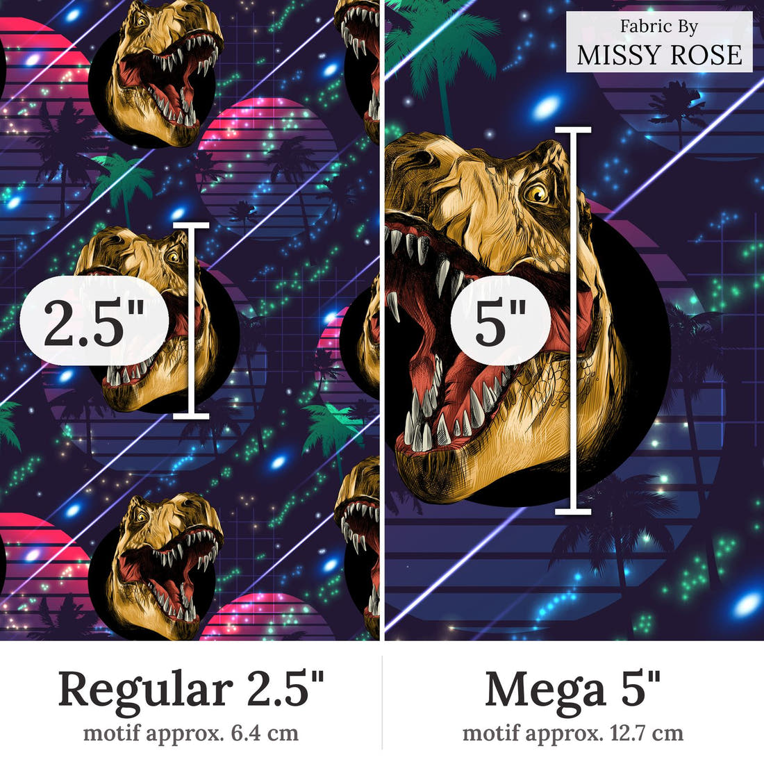 Design 224 Navy Dinosaur Fabric Regular 2.5 inch vs Mega 5 inch print scale side by side | Fabric by Missy Rose
