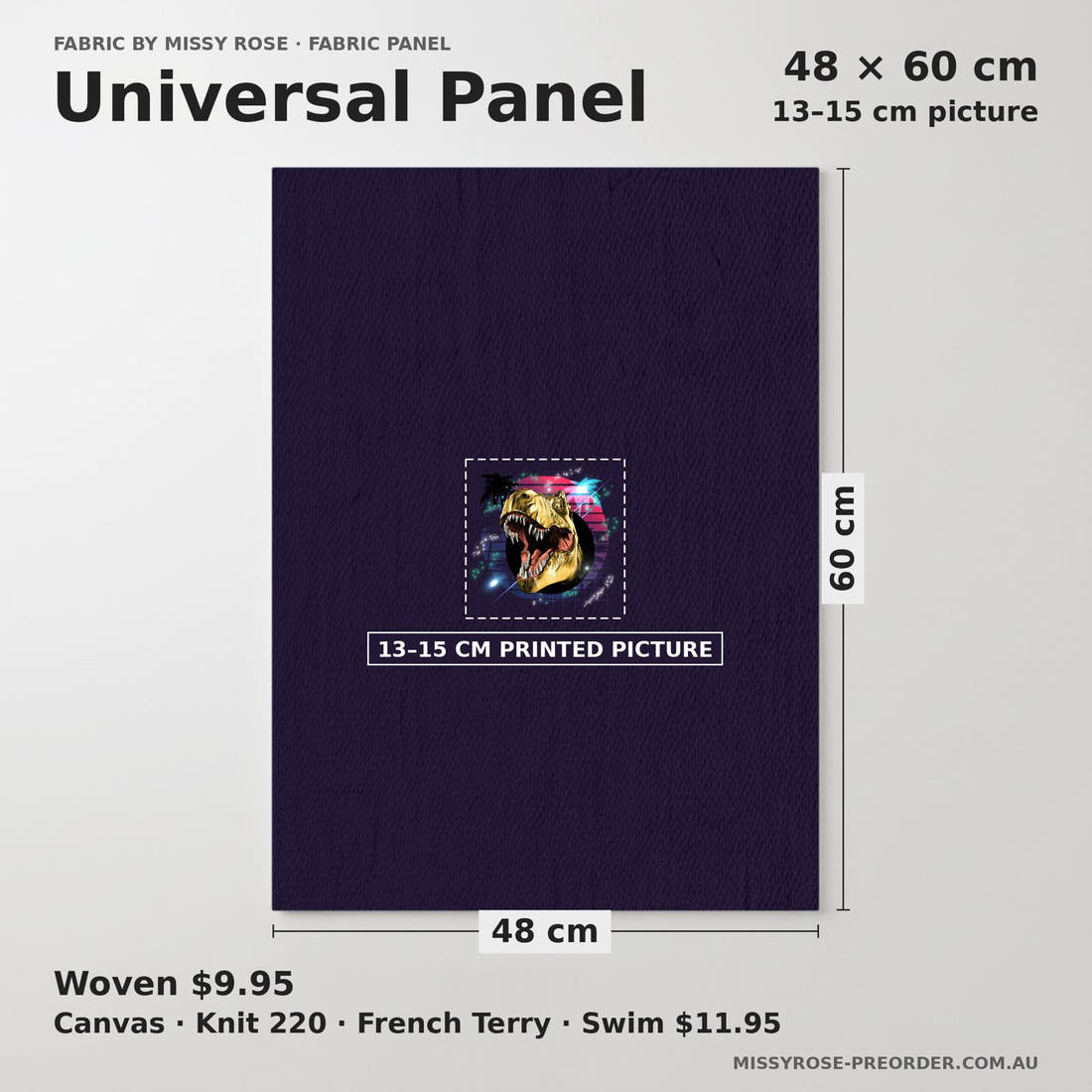 Design 224 Navy Dinosaur Panel universal panel sizing – 13–15 cm printed picture on 48 × 60 cm fabric | Fabric by Missy Rose