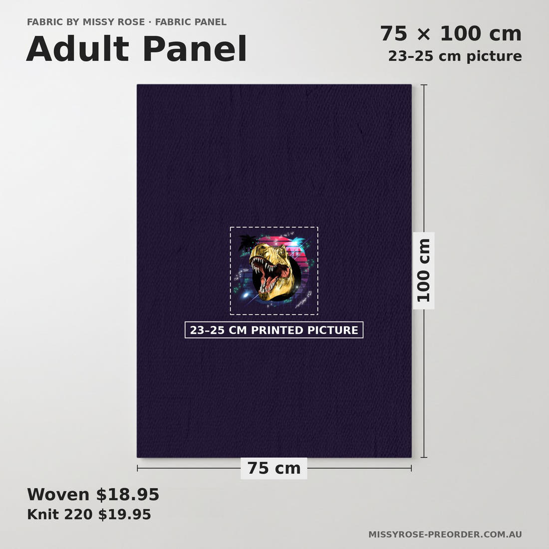 Design 224 Navy Dinosaur Panel adult panel sizing – 23–25 cm printed picture on 75 × 100 cm fabric | Fabric by Missy Rose
