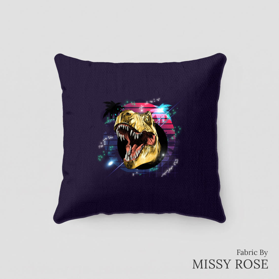 Design 224 Navy Dinosaur Panel sewn into a cushion – see how the panel looks made up | Fabric by Missy Rose