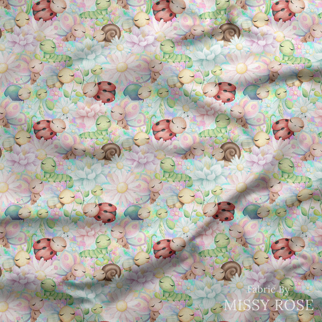 Design 225 Cute Bugs Fabric draped fabric mockup – custom printed fabric by the metre | Fabric by Missy Rose