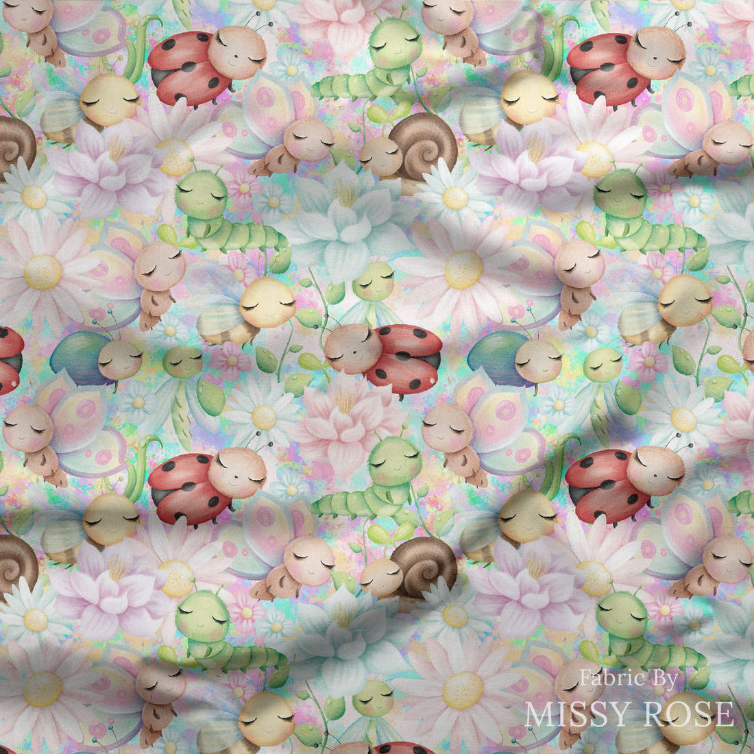 Design 225 Cute Bugs Fabric draped fabric mockup – custom printed fabric by the metre | Fabric by Missy Rose