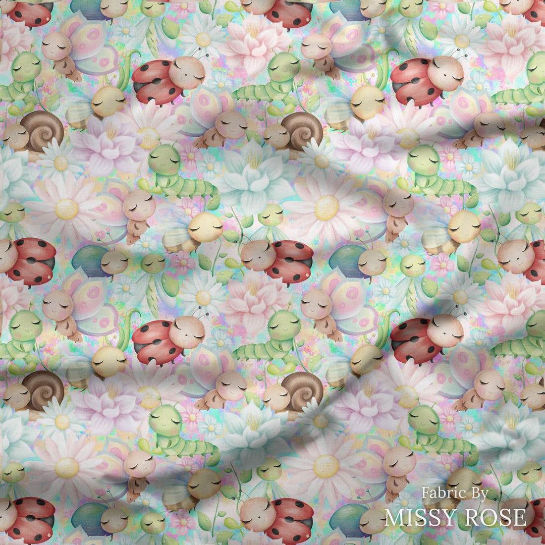 Design 225 Cute Bugs Fabric draped fabric mockup – custom printed fabric by the metre | Fabric by Missy Rose