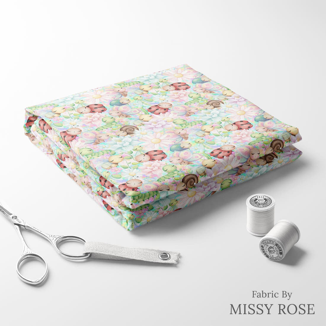 Design 225 Cute Bugs Fabric folded fabric stack with matching thread – pre-order fabric Australia | Fabric by Missy Rose