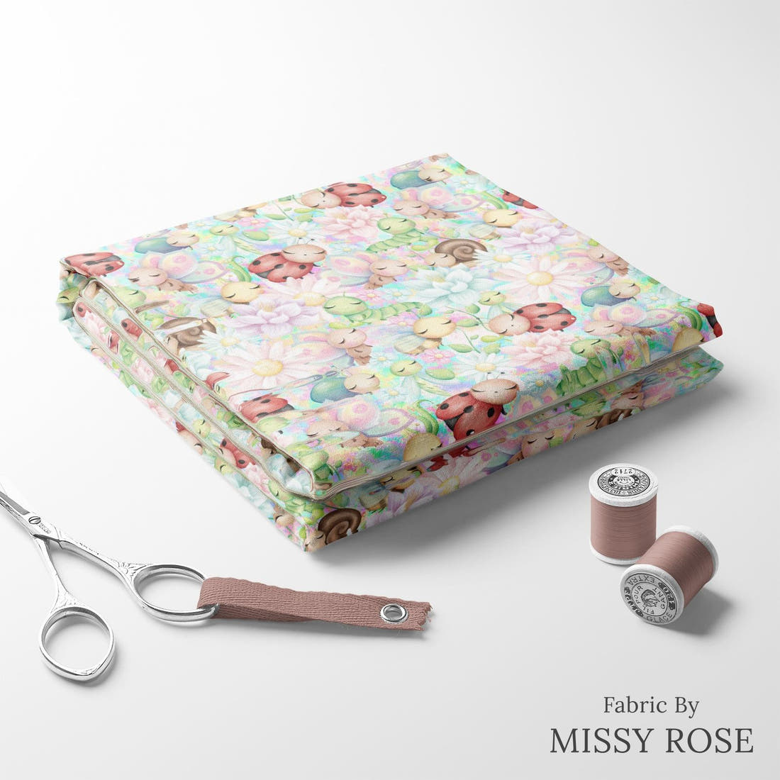 Design 225 Cute Bugs Fabric folded fabric stack with matching thread – pre-order fabric Australia | Fabric by Missy Rose