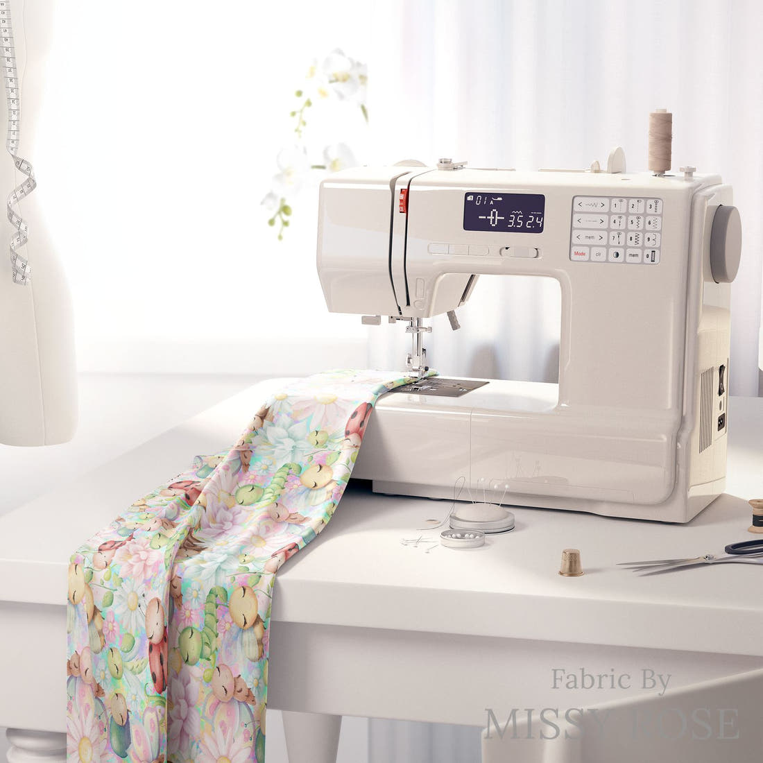 Design 225 Cute Bugs Fabric on a sewing machine – premium fabric for sewing projects | Fabric by Missy Rose