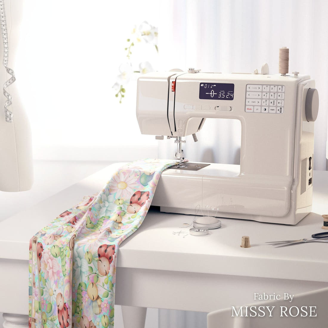 Design 225 Cute Bugs Fabric on a sewing machine – premium fabric for sewing projects | Fabric by Missy Rose