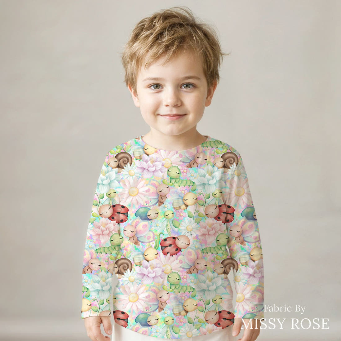 Design 225 Cute Bugs Fabric sewn into a kids' long sleeve top – see how the print looks made up | Fabric by Missy Rose