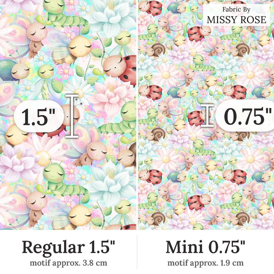 Design 225 Cute Bugs Fabric Regular 1.5 inch vs Mini 0.75 inch print scale side by side | Fabric by Missy Rose