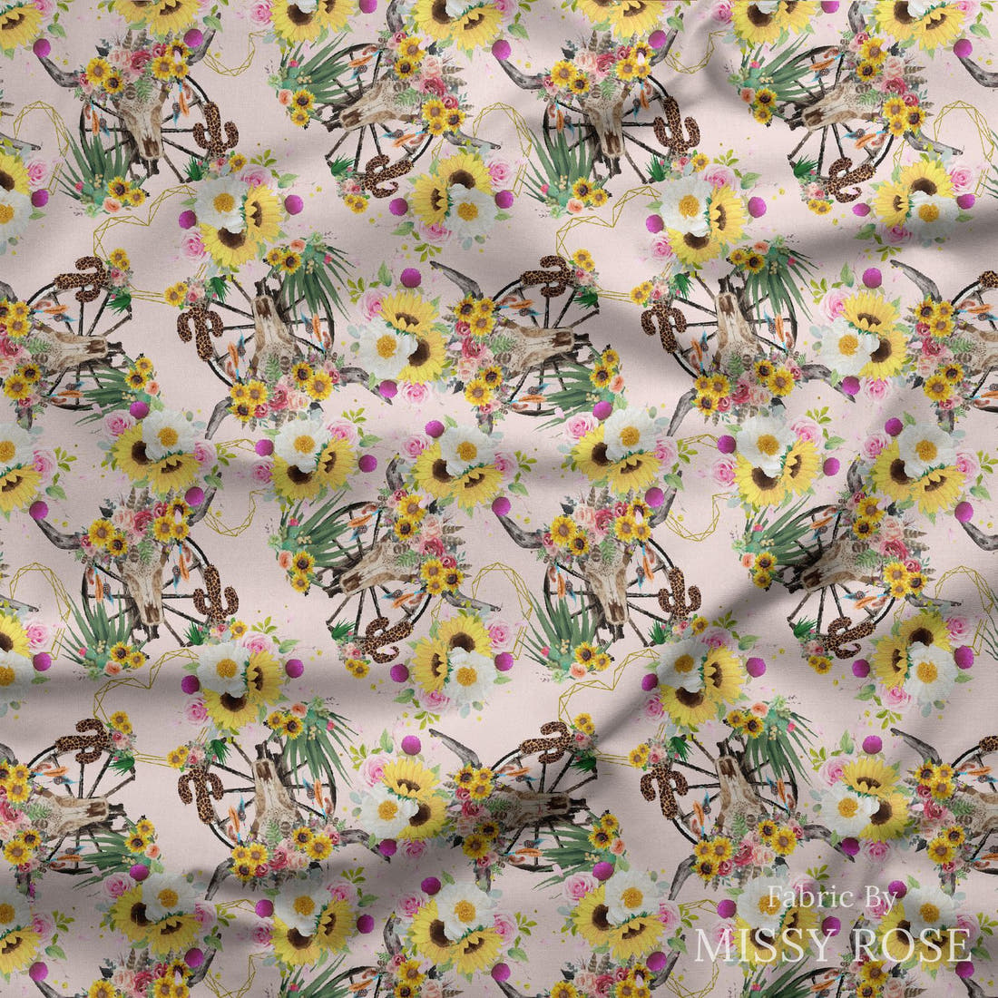 Design 226 Floral Bull Skull Fabric draped fabric mockup – custom printed fabric by the metre | Fabric by Missy Rose