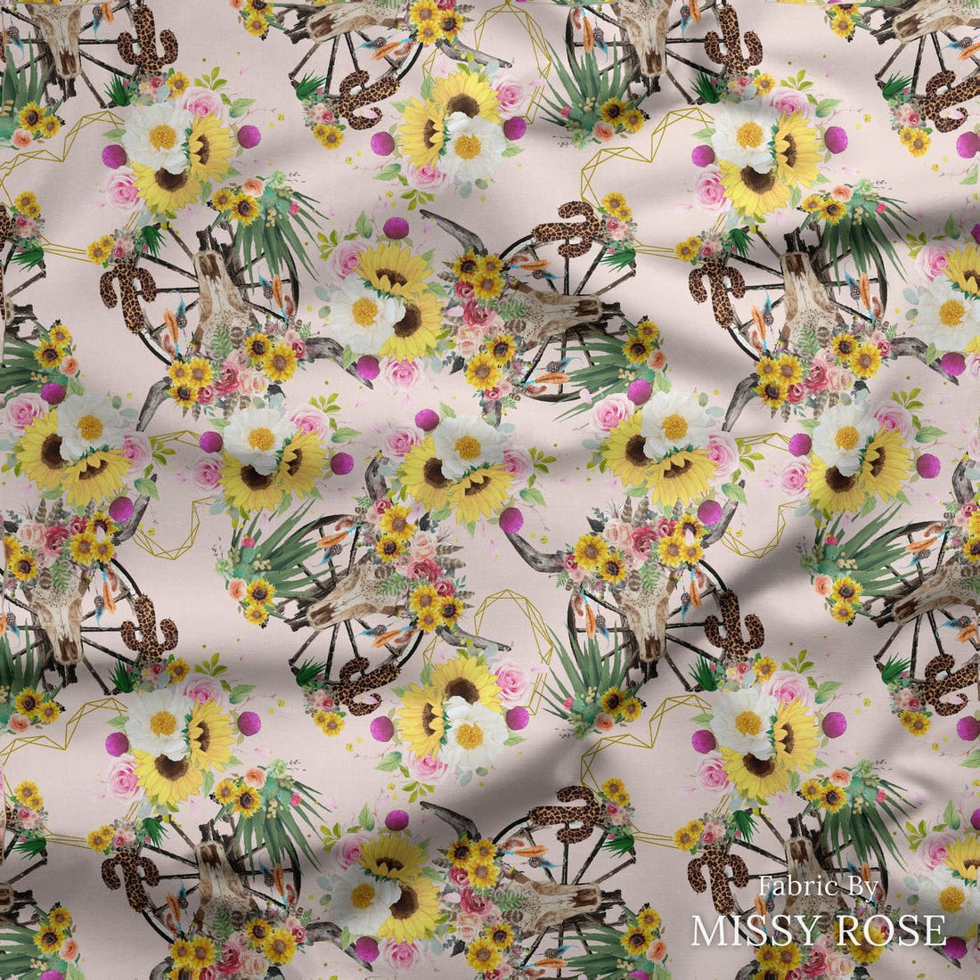 Design 226 Floral Bull Skull Fabric draped fabric mockup – custom printed fabric by the metre | Fabric by Missy Rose