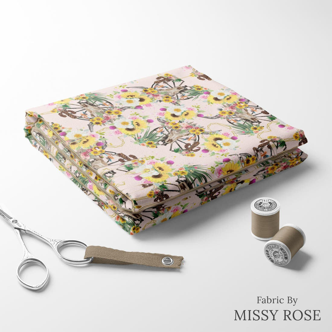 Design 226 Floral Bull Skull Fabric folded fabric stack with matching thread – pre-order fabric Australia | Fabric by Missy Rose