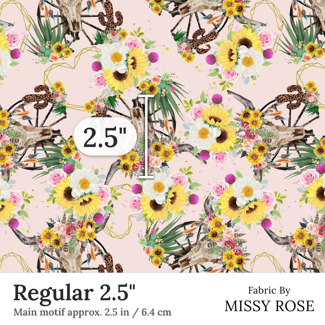 Design 226 Floral Bull Skull Fabric Regular 2.5 inch print scale guide | Fabric by Missy Rose