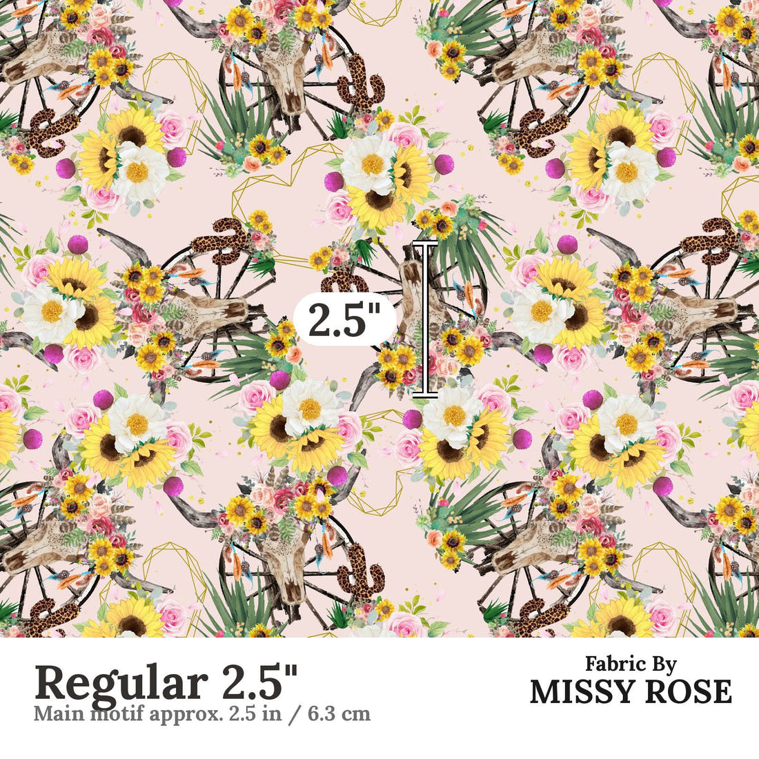 Design 226 Floral Bull Skull Fabric Regular 2.5" - print scale | Fabric by Missy Rose