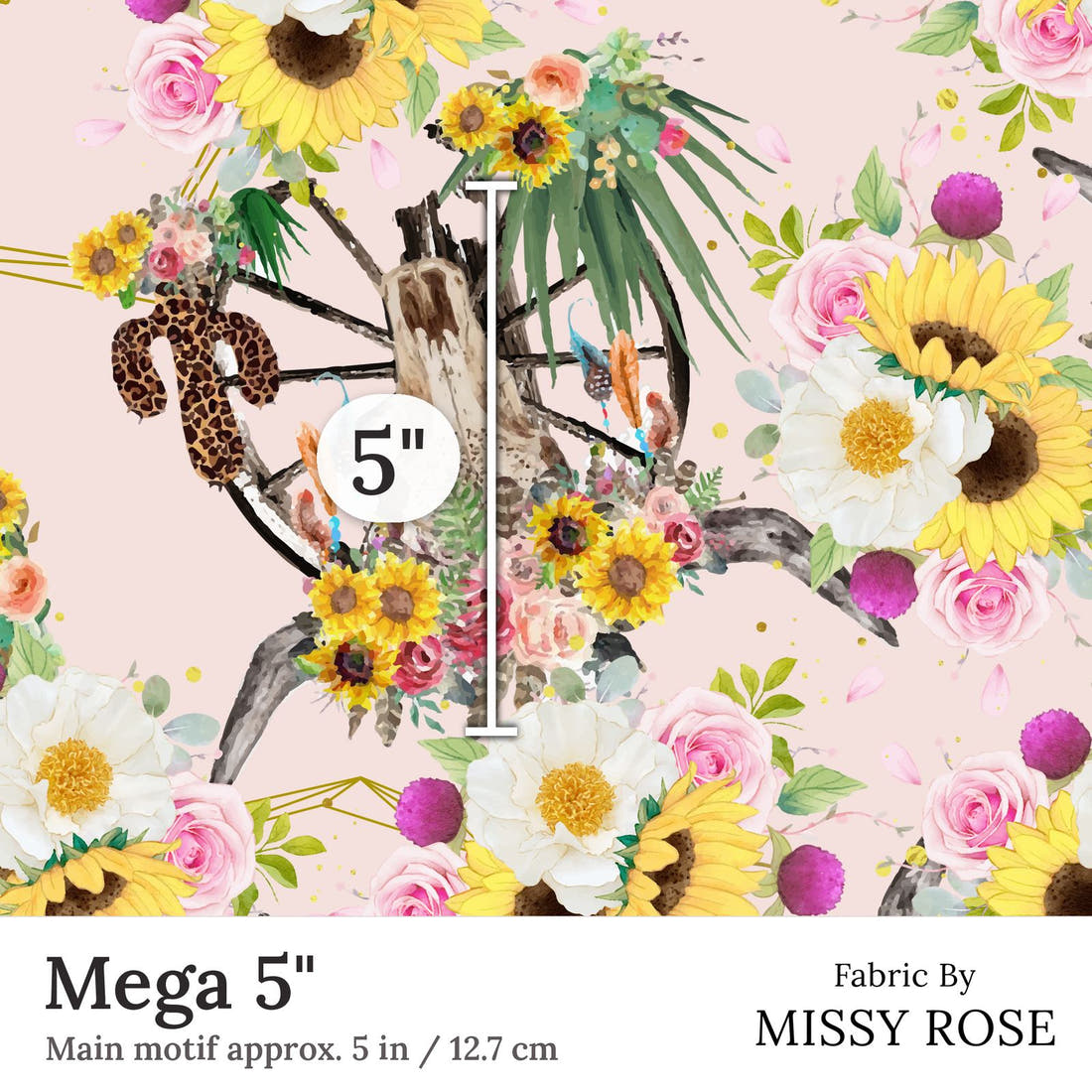 Design 226 Floral Bull Skull Fabric Mega 5 inch print scale guide | Fabric by Missy Rose