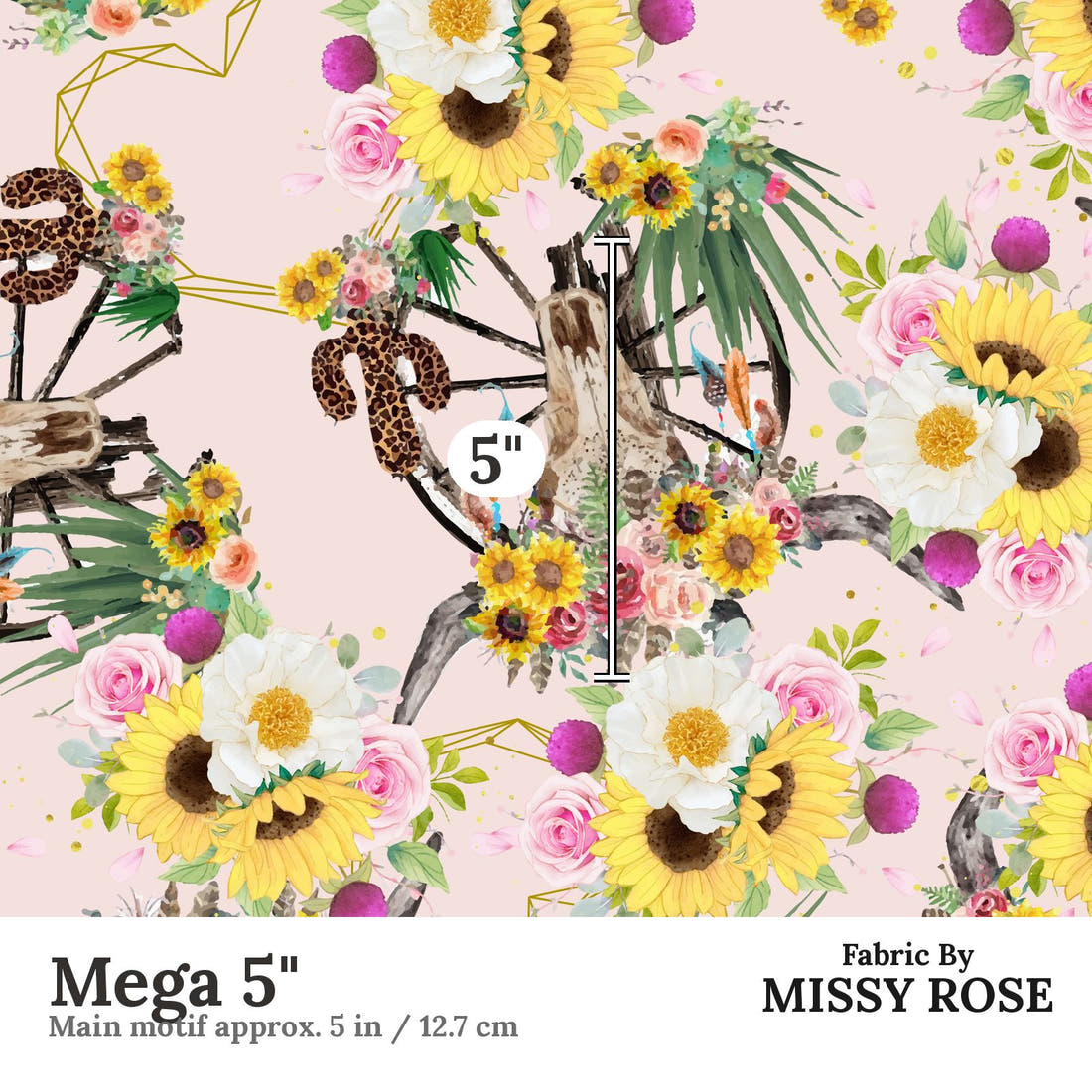 Design 226 Floral Bull Skull Fabric Mega 5" - print scale | Fabric by Missy Rose