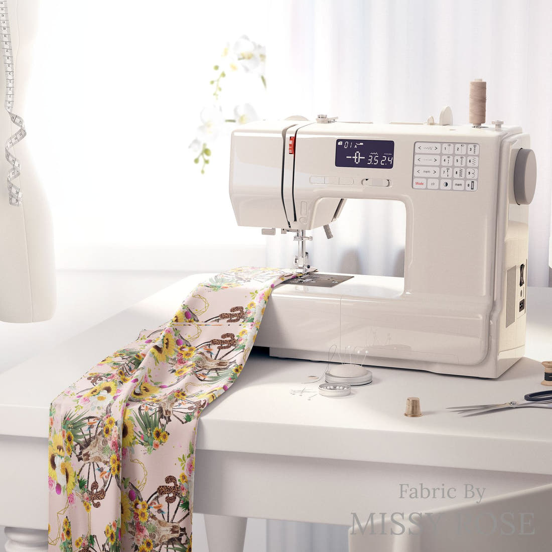 Design 226 Floral Bull Skull Fabric on a sewing machine – premium fabric for sewing projects | Fabric by Missy Rose