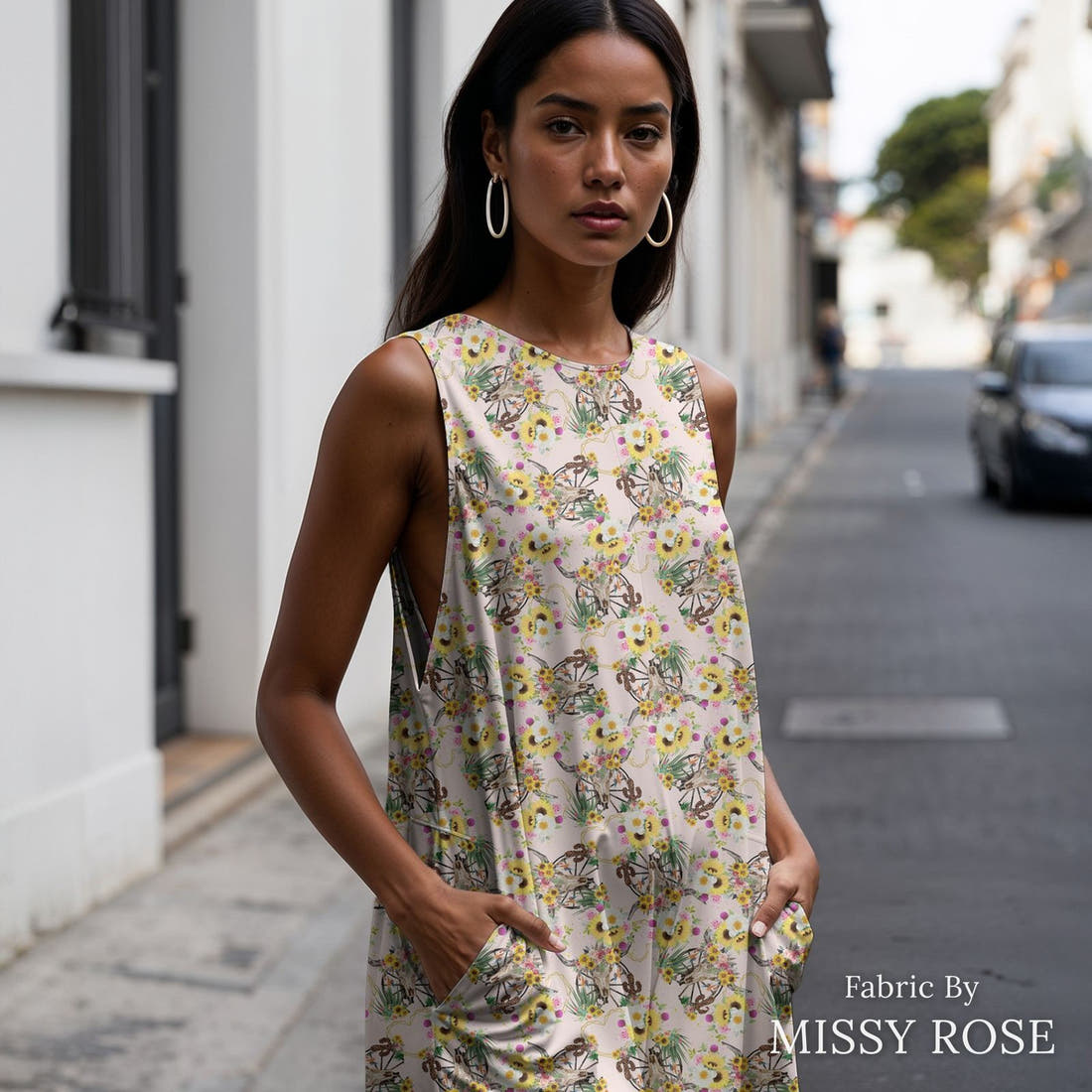 Design 226 Floral Bull Skull Fabric sewn into a women's jumpsuit – see how the print looks made up | Fabric by Missy Rose