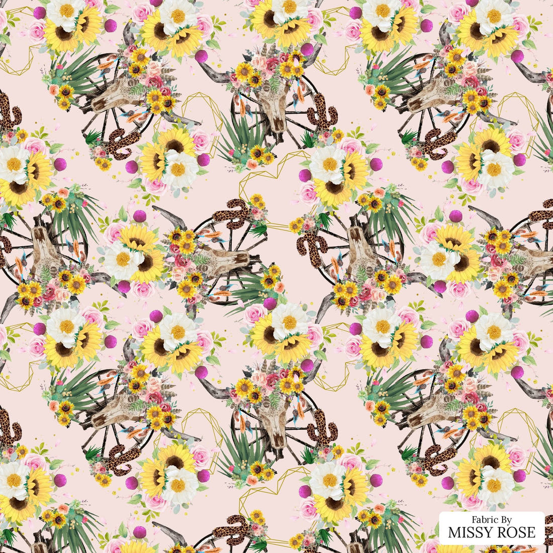 Design 226 Floral Bull Skull Fabric - flat view of the print, zoom in for detail | Fabric by Missy Rose