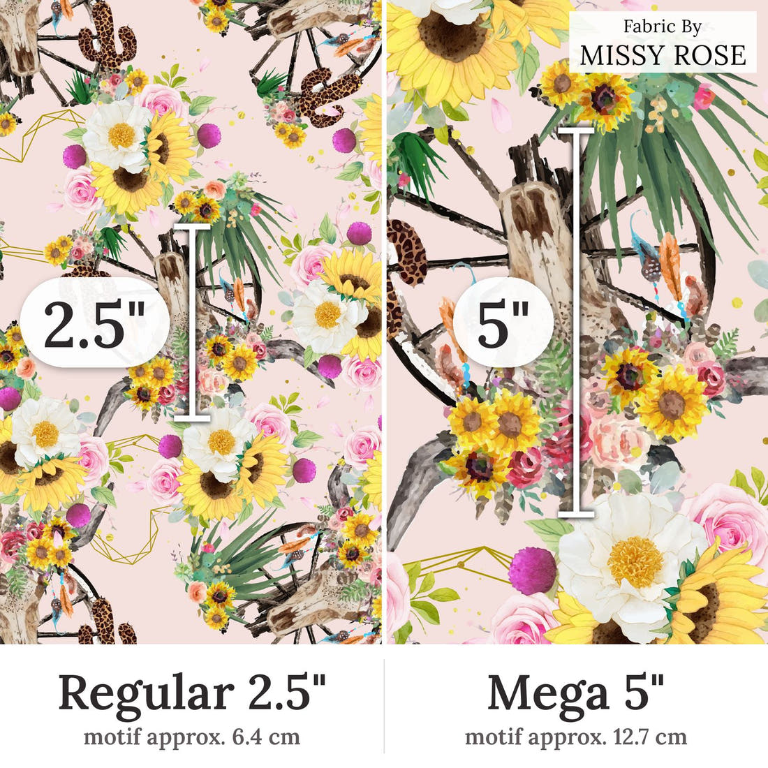 Design 226 Floral Bull Skull Fabric Regular 2.5 inch vs Mega 5 inch print scale side by side | Fabric by Missy Rose